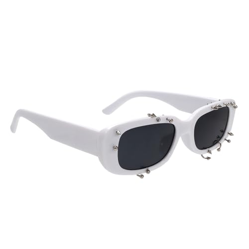 Thewasc Hiphop Nieten-Sonnenbrille mit UV400-Schutz, PC-Linse, modischer Punk-Rahmen für Erwachsene, Unisex, Outdoor-Streetwear, Sonnenschutz, Brille, Weißer Rahmen, grauer Kuchen von Thewasc