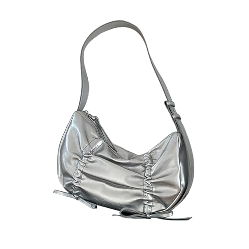 Thewasc Modische süße Unterarmtasche mit Schleife, PU-Leder, plissiert, Schultertasche für Damen, einfarbig, Achsel-Geldbörse, kleine Handtasche, elegante Geldbörse, silber, One Size von Thewasc