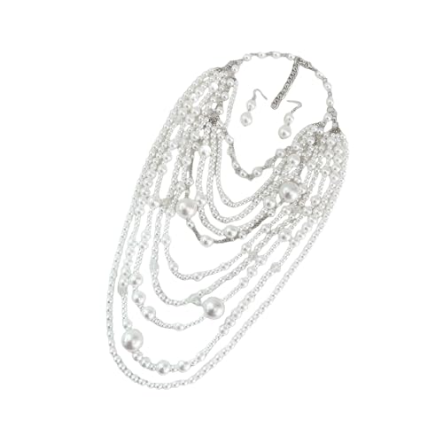 Thewasc Modisches, mehrlagiges Perlen-Schmuck-Set mit Halskette und Ohrringen, tragbar für Partys und den Alltag von Thewasc