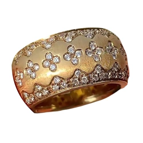 Thewasc Vierblättriges Kleeblatt mit Zirkonia, verziert, goldfarben, funkelnde Diamanten, breiter Ring, stilvolles Bankett-Zubehör, italienisches Retro-Kleeblatt von Thewasc