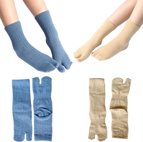 2 Paar warme Winter-Tabi-Socken | elastisches geteiltes Design mit zwei Zehen für Flip-Flops | gemütliche Baumwoll-Plüsch-Knöchelsocken für Herren und Damen | Unisex | japanische V-Socken, #1, One von ThiCc