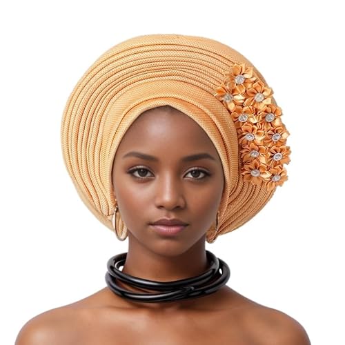 Auto Gele African Head Tie of Nigeria - Handmade Beaded ASO Oke Headwrap with Sequin Layers Elegant Turban Hat for Wedding Party Church Nigerian Women Fashion Accessory, khaki, Einheitsgröße von ThiCc