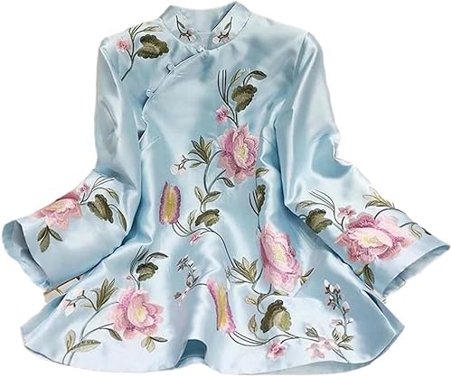 Chinesische Damenbluse – Vintage-Blumenstickerei Mandarinenkragen Hanfu Top mit traditionellem Knotenknopf Langarm Elegant Retro Feminines Hemd für lässige formelle Anlässe, blau, 38 von ThiCc