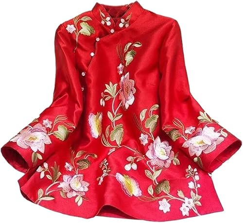 Chinesische Damenbluse – Vintage-Blumenstickerei Mandarinenkragen Hanfu Top mit traditionellem Knotenknopf Langarm Elegant Retro Feminines Hemd für lässige formelle Anlässe, rot, 48 von ThiCc