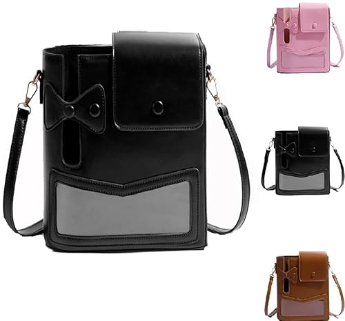 Crossbody Wasserbecher Aufbewahrungstasche - PU Leder Getränkehalter mit Bowknot Stitching Detail Große Kapazität Magnetverschluss Schultertasche für Pendler Reisen Outdoor, Schwarz , S von ThiCc