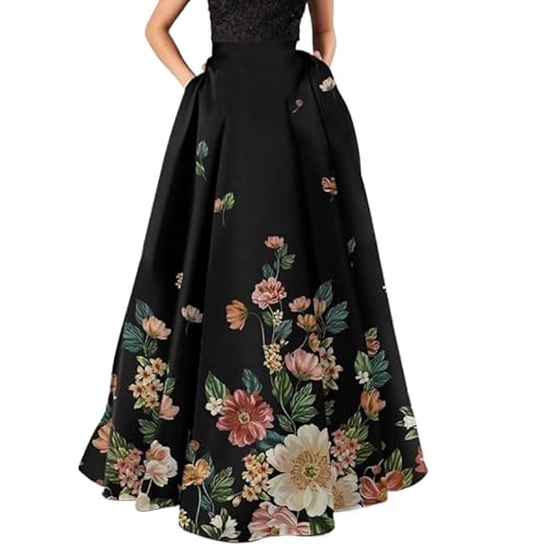 Damen BohoMaxirock mit Taschen – Übergröße, locker, fließend, hohe Taille, A-Linie, Vintage, Blumenmuster, plissiert, ausgestellt, lange Swing-Röcke, #13, 52 von ThiCc
