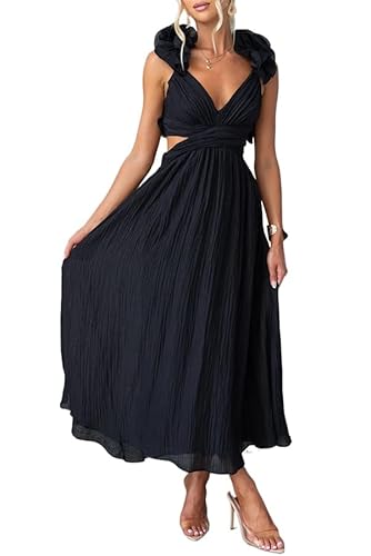 Damen Chiffon Rüschen Ballkleider - Sommer V Ausschnitt Puffärmel Lange Swing Kleider Gestuft Rückenfrei Formelle Abendkleider Party Brautjungfer Hochzeit Gäste Maxikleid, Schwarz , Small von ThiCc