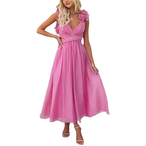 Damen Chiffon Rüschen Ballkleider - Sommer V Ausschnitt Puffärmel Lange Swing Kleider Gestuft Rückenfrei Formelle Abendkleider Party Brautjungfer Hochzeit Gäste Maxikleid, rose, L von ThiCc