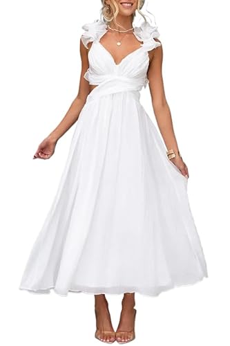 Damen Chiffon Rüschen Ballkleider - Sommer V Ausschnitt Puffärmel Lange Swing Kleider Gestuft Rückenfrei Formelle Abendkleider Party Brautjungfer Hochzeit Gäste Maxikleid, weiß, Small von ThiCc