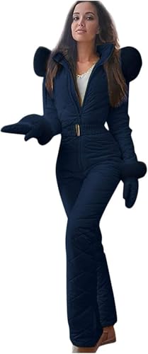 Damen Einteiler Skianzug - Wasserdicht Isoliert Schneeanzug Warm Winter Ski Overall mit Pelzkragen Winddicht Skianzug für Outdoor Sport Thermo Skibekleidung für Snowboarden, dunkelblau, XXL von ThiCc