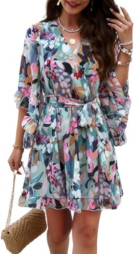Damen Floral Mini Wickelkleid - Elegant V Ausschnitt Rüschen Mittelärmel A Linie Tunika Kleider Boho Flowy Swing Shift Kleid mit Gürtel Party Urlaub Strand Outfit, grün, 46 von ThiCc