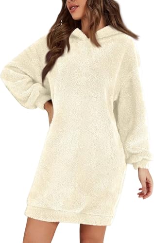 Damen Fuzzy Fleece Hoodie Kleid - Casual Langarm Kapuzen-Sweatshirt-Kleid Weicher Plüsch Sherpa Pullover Warm Winter Casual Flauschig Minikleid für Herbst Winter, beige, XL von ThiCc