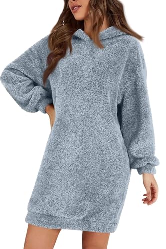Damen Fuzzy Fleece Hoodie Kleid - Casual Langarm Kapuzen-Sweatshirt-Kleid Weicher Plüsch Sherpa Pullover Warm Winter Casual Flauschig Minikleid für Herbst Winter, blau, XXL von ThiCc