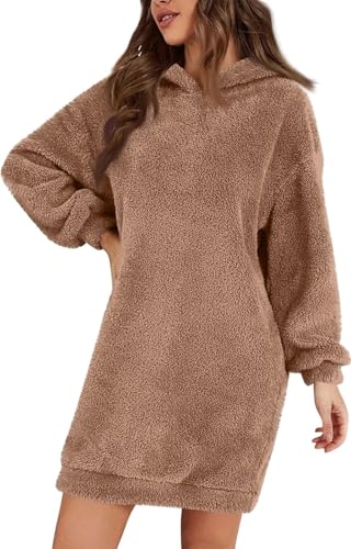 Damen Fuzzy Fleece Hoodie Kleid - Casual Langarm Kapuzen-Sweatshirt-Kleid Weicher Plüsch Sherpa Pullover Warm Winter Casual Flauschig Minikleid für Herbst Winter, camel, 3XL von ThiCc