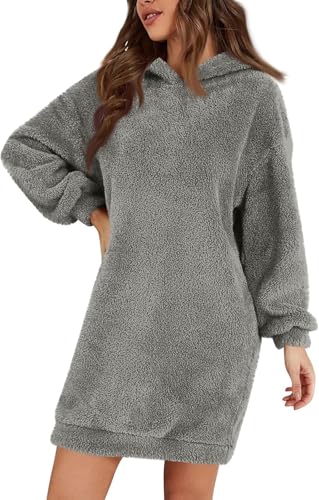 Damen Fuzzy Fleece Hoodie Kleid - Casual Langarm Kapuzen-Sweatshirt-Kleid Weicher Plüsch Sherpa Pullover Warm Winter Casual Flauschig Minikleid für Herbst Winter, grau, S von ThiCc