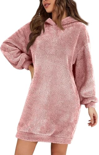 Damen Fuzzy Fleece Hoodie Kleid - Casual Langarm Kapuzen-Sweatshirt-Kleid Weicher Plüsch Sherpa Pullover Warm Winter Casual Flauschig Minikleid für Herbst Winter, rose, XL von ThiCc