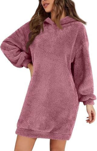 Damen Fuzzy Fleece Hoodie Kleid - Casual Langarm Kapuzen-Sweatshirt-Kleid Weicher Plüsch Sherpa Pullover Warm Winter Casual Flauschig Minikleid für Herbst Winter, rot, M von ThiCc