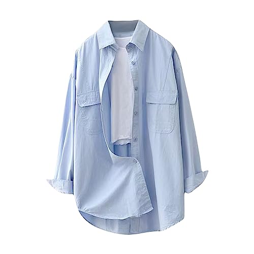 Damen Oversized Langarm Shirts - Sommer Casual Boyfriend Shirt Button Down Leichte Solide Baumwolle Bluse Loose Fit Tops mit Taschen, blau, XXL von ThiCc