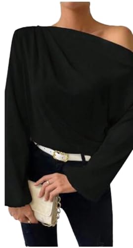 Damen Satin Schulterfrei Top - Elegant Asymmetrischer Ausschnitt Langarm Geraffte Bluse Elegant Casual Seidenhemd für Party Arbeit Büro Ausgehen Trendy Pullover Tunika, Schwarz , M von ThiCc