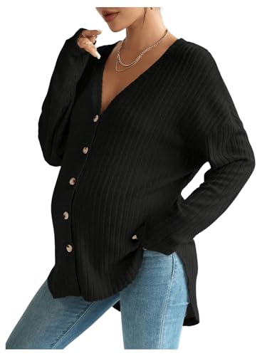 Damen Umstandsjacke Outwear - V-Ausschnitt Langarm Oversized Button Down Rippstrick Schwangerschaftspullover Weich Bequem Casual Front Button Top für Stillen Alltag, Schwarz , 42 von ThiCc