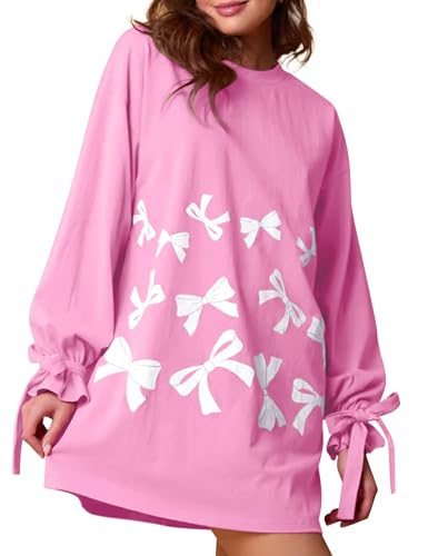 Damen Y2K Schleife Muster Shift Minikleid - Trendy Chic Langarm T-Shirt Kleid mit Fliege Ärmel Detail Rundhalsausschnitt Niedlich Casual A-Linie Süße Blusenkleider Loose Fit Tunika, rose, L von ThiCc