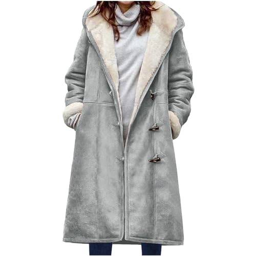 Damen knielanger Wildledermantel – Winter warme Kapuzenjacken Dickes Sherpa-Fleece-Futter Duffle-Knöpfe Seitentaschen Mode Plüsch Lange Trenchjacken Erbsenmantel Parka Oberbekleidung, grau, 38 von ThiCc