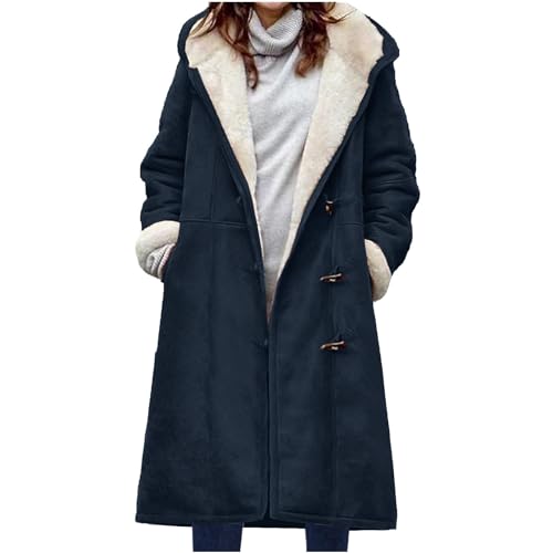 Damen knielanger Wildledermantel – Winter warme Kapuzenjacken Dickes Sherpa-Fleece-Futter Duffle-Knöpfe Seitentaschen Mode Plüsch Lange Trenchjacken Erbsenmantel Parka Oberbekleidung, navy, 48 von ThiCc