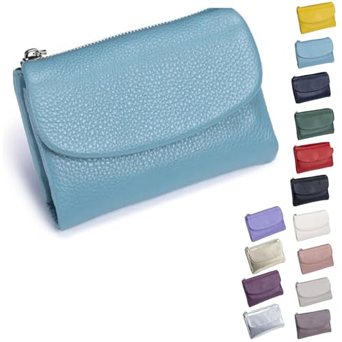 Pebble Leather Wallet - Soft Genuine Leather Tri-Fold RFID Blocking Purse with Coin Pocket Multi Card Slots ID Window Small Clutch for Travel Work Daily Use, Flachsblau, S, Casual von ThiCc