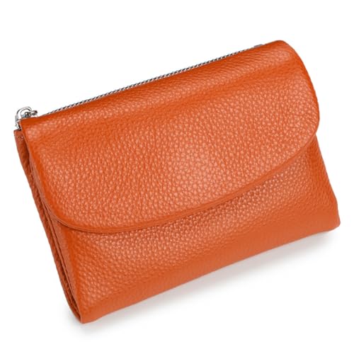 Pebble Leather Wallet - Soft Genuine Leather Tri-Fold RFID Blocking Purse with Coin Pocket Multi Card Slots ID Window Small Clutch for Travel Work Daily Use, Orange, S, Casual von ThiCc