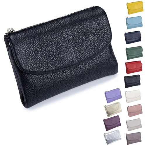 Pebble Leather Wallet - Soft Genuine Leather Tri-Fold RFID Blocking Purse with Coin Pocket Multi Card Slots ID Window Small Clutch for Travel Work Daily Use, Schwarz , S, Casual von ThiCc