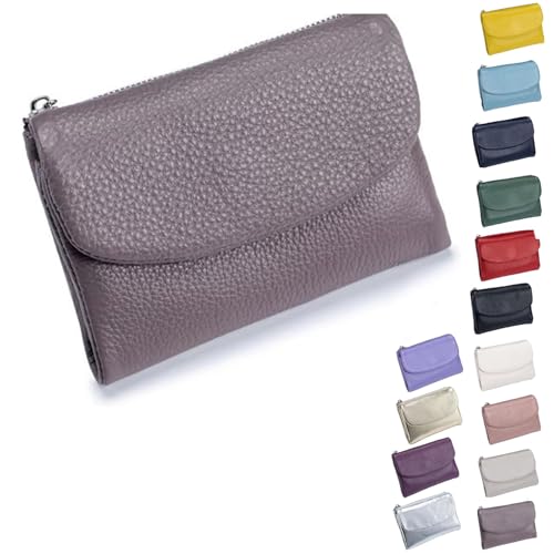Pebble Leather Wallet - Soft Genuine Leather Tri-Fold RFID Blocking Purse with Coin Pocket Multi Card Slots ID Window Small Clutch for Travel Work Daily Use, Taro Violett, S, Casual von ThiCc