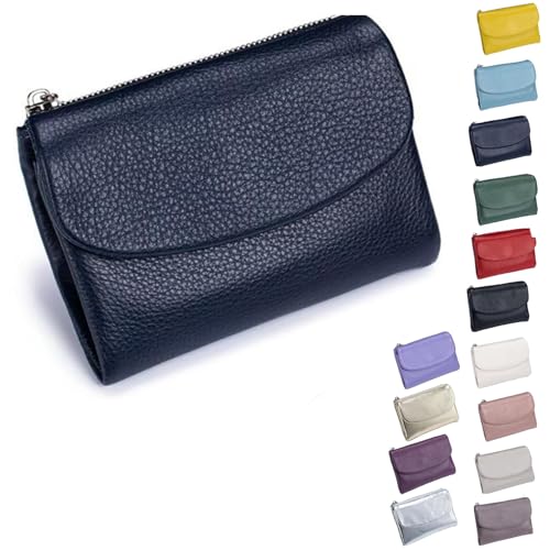 Pebble Leather Wallet - Soft Genuine Leather Tri-Fold RFID Blocking Purse with Coin Pocket Multi Card Slots ID Window Small Clutch for Travel Work Daily Use, dunkelblau, S, Casual von ThiCc