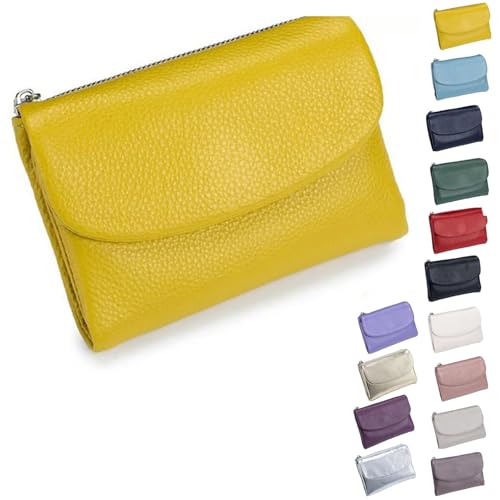 Pebble Leather Wallet - Soft Genuine Leather Tri-Fold RFID Blocking Purse with Coin Pocket Multi Card Slots ID Window Small Clutch for Travel Work Daily Use, gelb, S, Casual von ThiCc