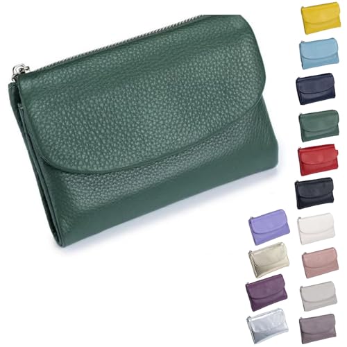 Pebble Leather Wallet - Soft Genuine Leather Tri-Fold RFID Blocking Purse with Coin Pocket Multi Card Slots ID Window Small Clutch for Travel Work Daily Use, grün, S, Casual von ThiCc