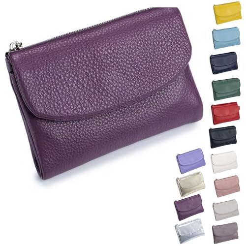 Pebble Leather Wallet - Soft Genuine Leather Tri-Fold RFID Blocking Purse with Coin Pocket Multi Card Slots ID Window Small Clutch for Travel Work Daily Use, hellviolett, S, Casual von ThiCc