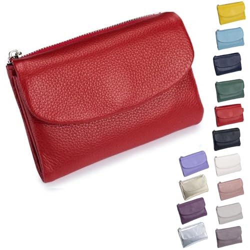 Pebble Leather Wallet - Soft Genuine Leather Tri-Fold RFID Blocking Purse with Coin Pocket Multi Card Slots ID Window Small Clutch for Travel Work Daily Use, rot, S, Casual von ThiCc