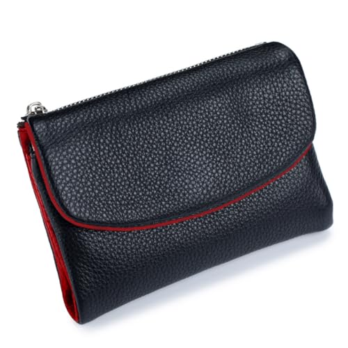 Pebble Leather Wallet - Soft Genuine Leather Tri-Fold RFID Blocking Purse with Coin Pocket Multi Card Slots ID Window Small Clutch for Travel Work Daily Use, schwarz / rot, S, Casual von ThiCc