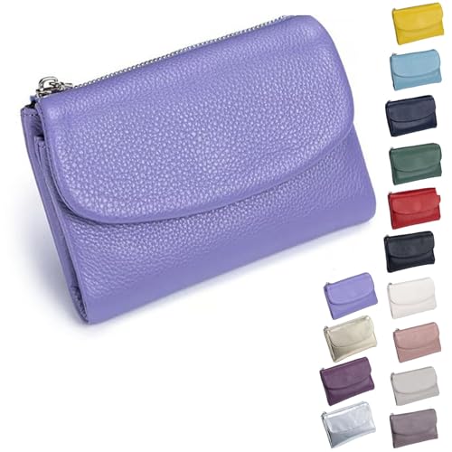 Pebble Leather Wallet - Soft Genuine Leather Tri-Fold RFID Blocking Purse with Coin Pocket Multi Card Slots ID Window Small Clutch for Travel Work Daily Use, violett, S, Casual von ThiCc