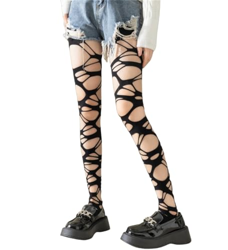 THICC Gothic Punk Damen Ripped Strumpfhose | Y2K Style Ragged Pantyhose für Fashionistas | Perforierter Strumpf mit ausgehöhltem Design | kantige weibliche Strumpfwaren, Schwarz , One size von ThiCc