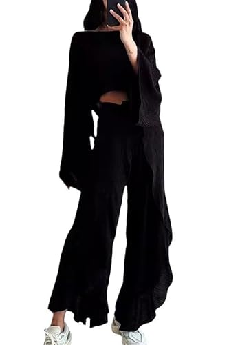 ThiCc 2-teiliges Damen-Outfit aus Leinen – lässige Lounge, passende Sets mit lockerem Langarm-Crop-Top, Bluse und hoher Taille, weites Bein, Rüschenhose, hoher geteilter Overlay, lange Caprihose mit von ThiCc