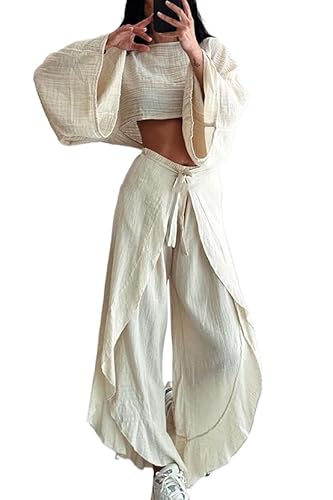 ThiCc 2-teiliges Damen-Outfit aus Leinen – lässige Lounge, passende Sets mit lockerem Langarm-Crop-Top, Bluse und hoher Taille, weites Bein, Rüschenhose, hoher geteilter Overlay, lange Caprihose mit von ThiCc