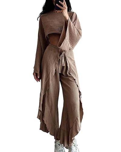 ThiCc 2-teiliges Damen-Outfit aus Leinen – lässige Lounge, passende Sets mit lockerem Langarm-Crop-Top, Bluse und hoher Taille, weites Bein, Rüschenhose, hoher geteilter Overlay, lange Caprihose mit von ThiCc
