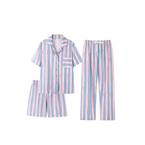 ThiCc 3-teiliges Damen-Pyjama-Set – gemütliche Lounge-Outfits mit Knopfleiste und kurzen Ärmeln, Hemd mit weitem Bein, Hose und Shorts, Sommer, Baumwolle, passende Sets, #5, 38 von ThiCc