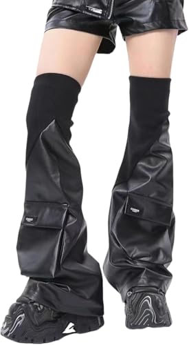 ThiCc Beinstulpen aus PU-Leder mit Tasche für Damen – Punk Y2k Grunge Emo Rave Harajuku Gyaru ausgestellte Beinstulpen Baggy Manschetten Knöchel gehäufte Socken Kawaii Streetwear, Schwarz , 38 von ThiCc