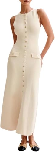 ThiCc Damen Bodycon Pulloverkleid - Ärmellos Rundhals Maxi Tank Kleid Knopf Slim Fitted Gerippt Gestrickt Langes Bleistiftkleid Elegant Business Casual Outfit Bürokleidung, beige, S von ThiCc