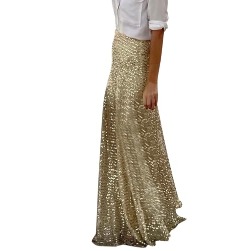 ThiCc Damen Pailletten Maxirock - Glitzer Bodycon Lang Meerjungfrau Rock Elegant Slim Fit Elastische Taille Funkelnd Bodenlang Urlaub Party Abschlussball Ausgehen Club Bling Konzert Outfits, gold, 44 von ThiCc