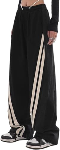 ThiCc Damen Sweatpants mit Denim Patchwork – elastische Taille Kordelzug Hose gerade Hose mit Tasche Y2K Seite gestreift Farbblock Zweifarbige Jeans Jeans Cargo Jogginghose, Schwarz , 42 von ThiCc
