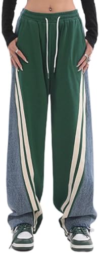 ThiCc Damen Sweatpants mit Denim Patchwork – elastische Taille Kordelzug Hose gerade Hose mit Tasche Y2K Seite gestreift Farbblock Zweifarbige Jeans Jeans Cargo Jogginghose, grün, 42 von ThiCc
