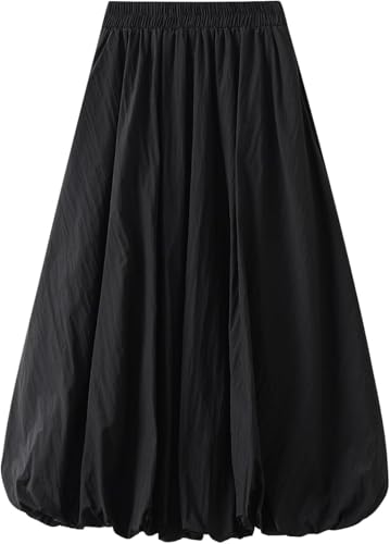 ThiCc Damen Y2K Bubble Maxi Rock Ballon Lange Röcke Elegant Hohe Taille Plissee Puff A-Linie Röcke Casual Rüschen Saum Flowy Röcke, Schwarz , Einheitsgröße von ThiCc