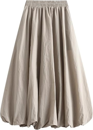 ThiCc Damen Y2K Bubble Maxi Rock Ballon Lange Röcke Elegant Hohe Taille Plissee Puff A-Linie Röcke Casual Rüschen Saum Flowy Röcke, khaki, Einheitsgröße von ThiCc